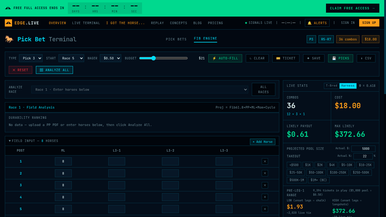 Screenshot of the EDGELIVE Horse Optimizer terminal showing the Fib Engine, projected payouts, and field input.